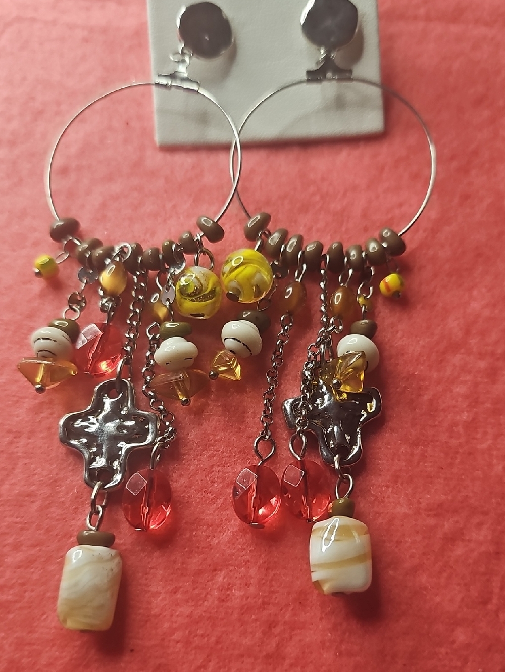 Nwt Free People 9Bohemian Yellow & Red Beaded Hoop Drop Earrings